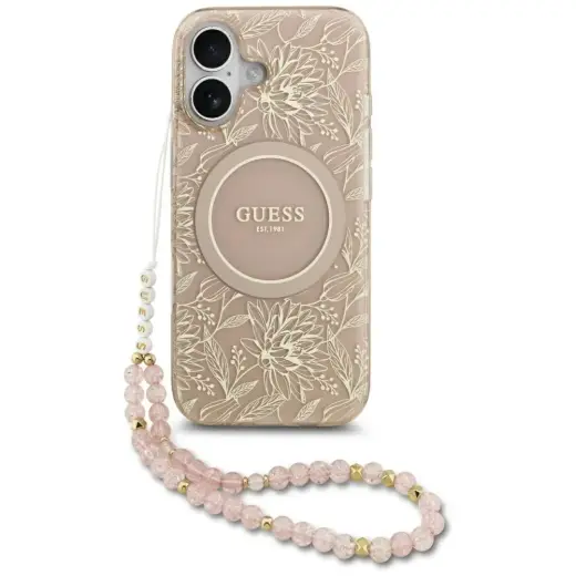 Guess IML Flowers Allover Strap MagSafe Case for iPhone 17 Pink