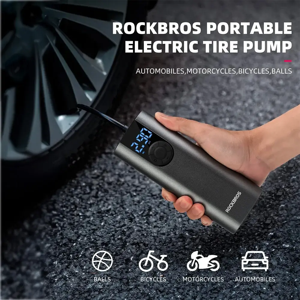 Rockbros 42720001001 Electric Bike Pump with LED Display + USB-C - USB-A Cable - Black