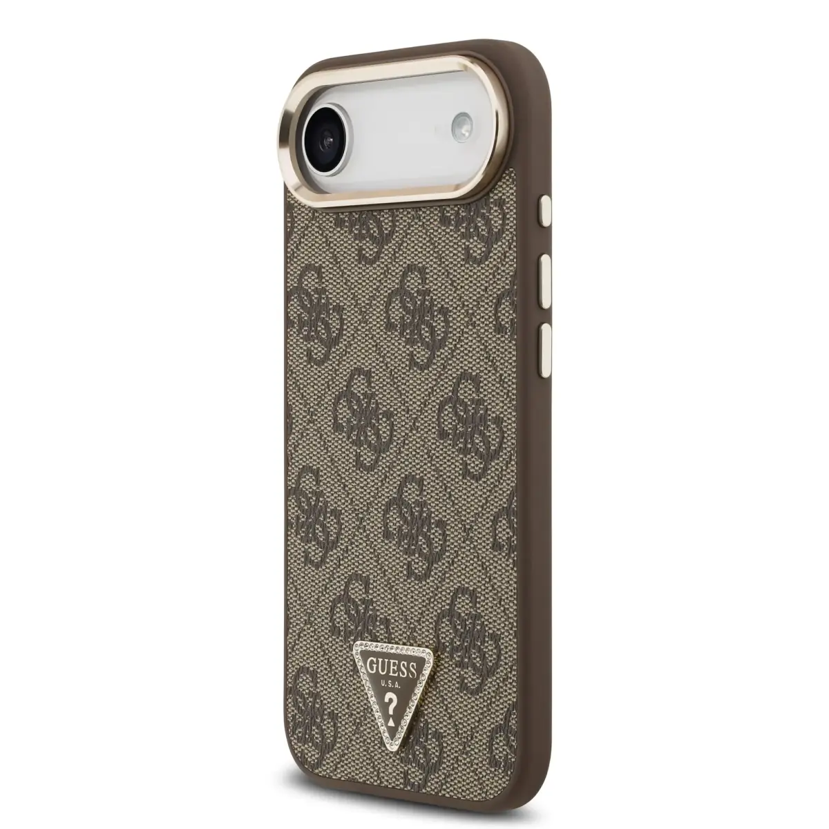 Guess PU Leather 4G Strass Triangle Logo Gold Frame MagSafe Case for iPhone Air Brown