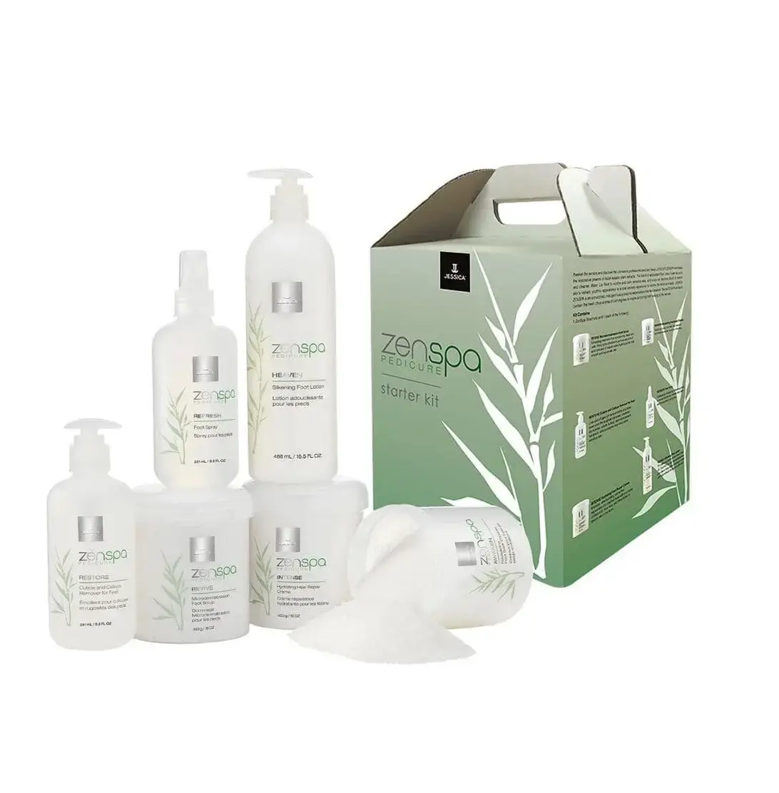 Starter Kit Set Jessica: ZenSpa Revive, Volcanic Pumice, Exfoliating, Foot Scrub, 435 g + ZenSpa Restore, Aloe Vera, Cuticle Remover Gel, 251 ml + ZenSpa Intense, Vitamin E, Moisturizing, Foot Cream, 425 g + ZenSpa Awaken, Soothing, Foot Bath Salt, 453 g + ZenSpa Refresh, Paraben-Free, Energizing, Foot Spray, 251 ml