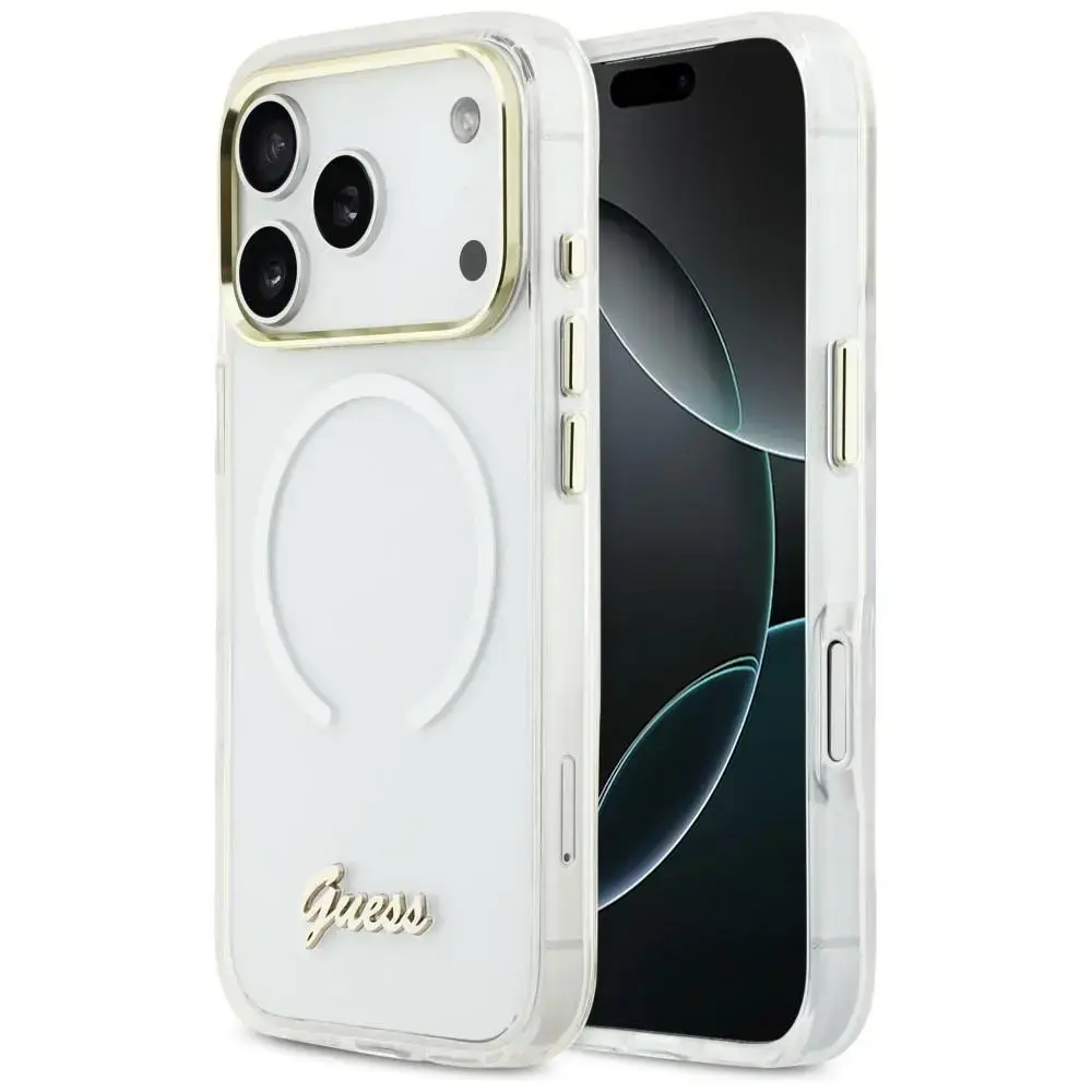 Guess IML Gradient Script Metal maciņš ar MagSafe atbalstu telefonam iPhone 17 Pro balts