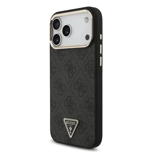 Guess PU Leather 4G Strass Triangle Logo Gold Frame maciņš ar MagSafe atbalstu telefonam iPhone 18 Pro Max melns