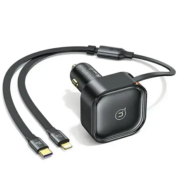 USAMS C41 CC219 automašīnas lādētājs | 30W | PD | USB-C, Lightning | ar iekļautu ievilkšanas kabeli | melns