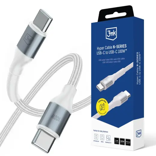 3mk Hyper N-SERIES duomenų perdavimo ir įkrovimo laidas | USB-C į USB-C | PD | 100W | 1m | baltas