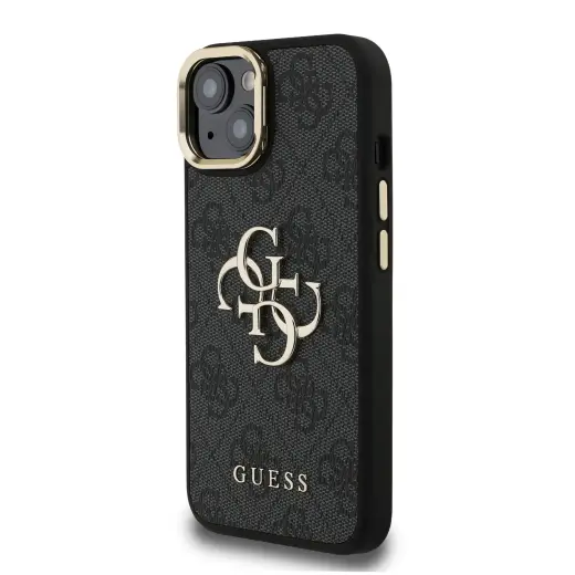 Guess PU 4G Metal Logo Stand Camera Frame telefona maciņš iPhone 15 Melns