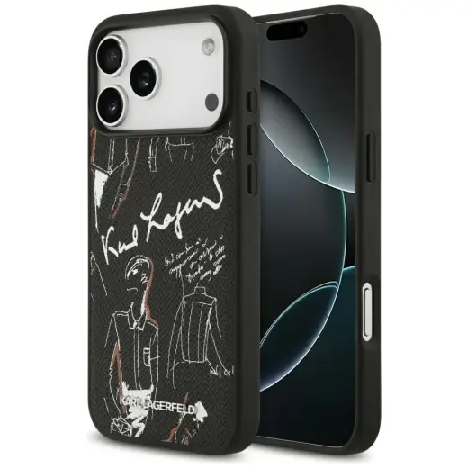 Karl Lagerfeld Grained Pattern & Logo maciņš ar MagSafe atbalstu telefonam iPhone 17 Pro Max melns