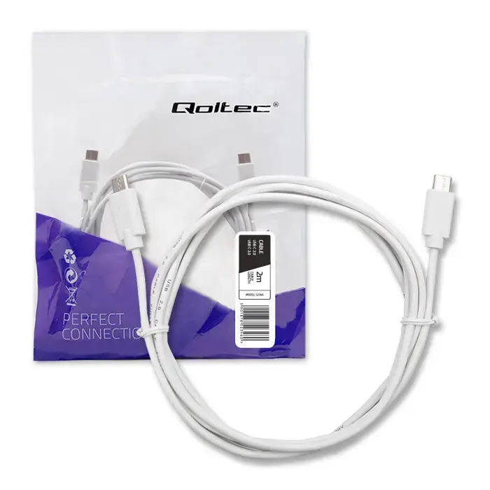 Qoltec datu pārraides un uzlādes vads | USB-C uz USB-C | 2m | balts