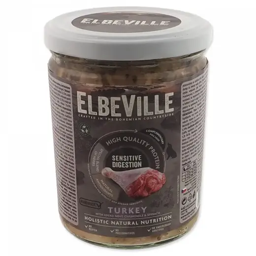 Konservi suņiem – ElbeVille Sensitive Digestion, Turkey with Mint, Chamomile and Spinach, 440 ml 