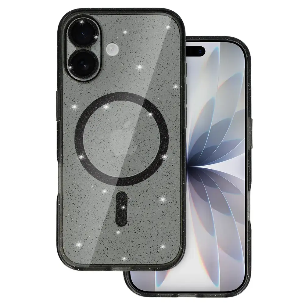 Glitter maciņš ar MagSafe atbalstu telefonam iPhone 17 melns caurspīdīgs