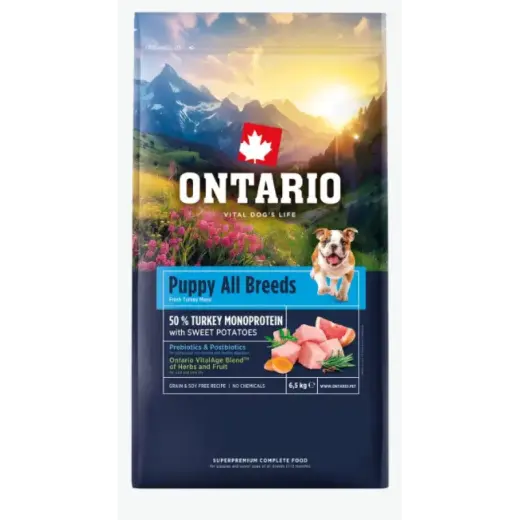 Barība kucēniem – Ontario Puppy and Junior All Breeds, Monoprotein, Turkey and Sweet Potatoes, 6,5 kg