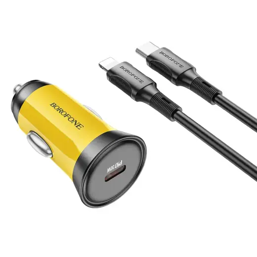 Зарядка для автомобиля Borofone Searcher BZ26 | 30W | PD, QC | USB-C, Lightning | с кабелем Type-C на Lightning в комплекте | желтый