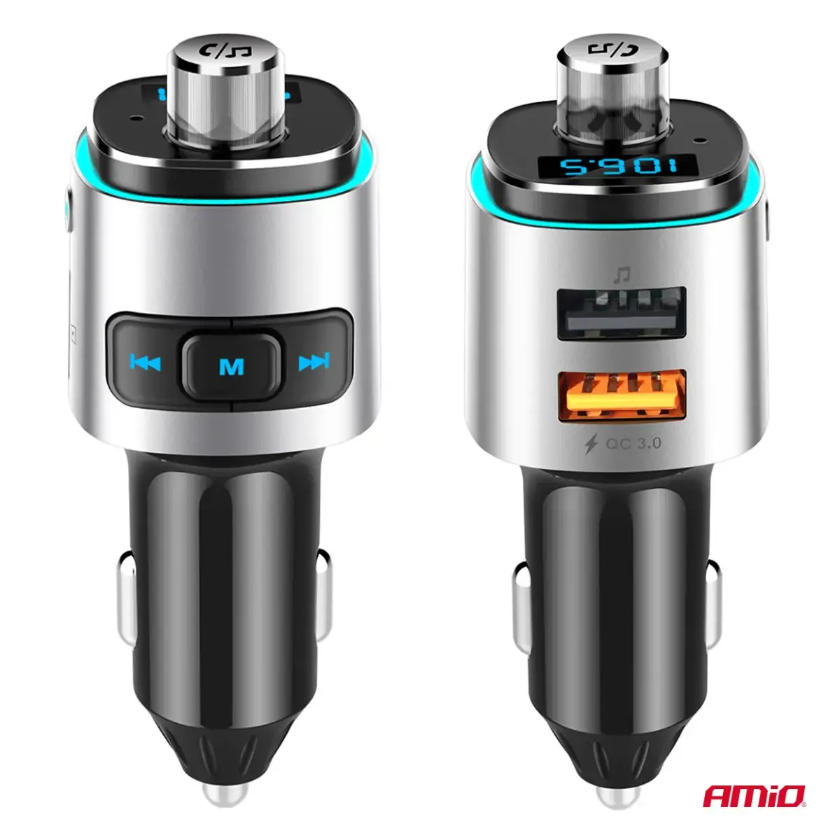 Car FM Transmitter 2×USB-A microSD 12V 24V AMIO-04654