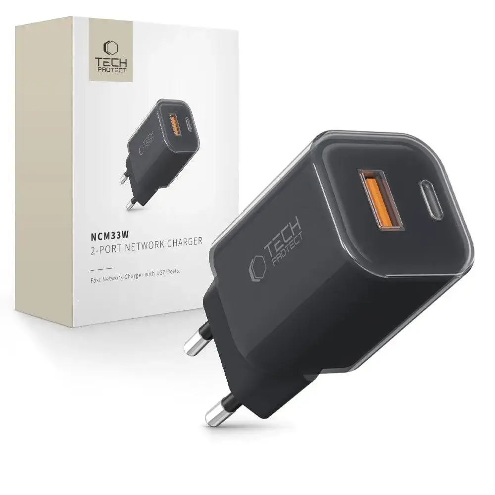 Tech-Protect NCM33W tīkla lādētājs | 33W | PD | QC | USB-C | ar kabeli | melns ar USB-C vads komplektā