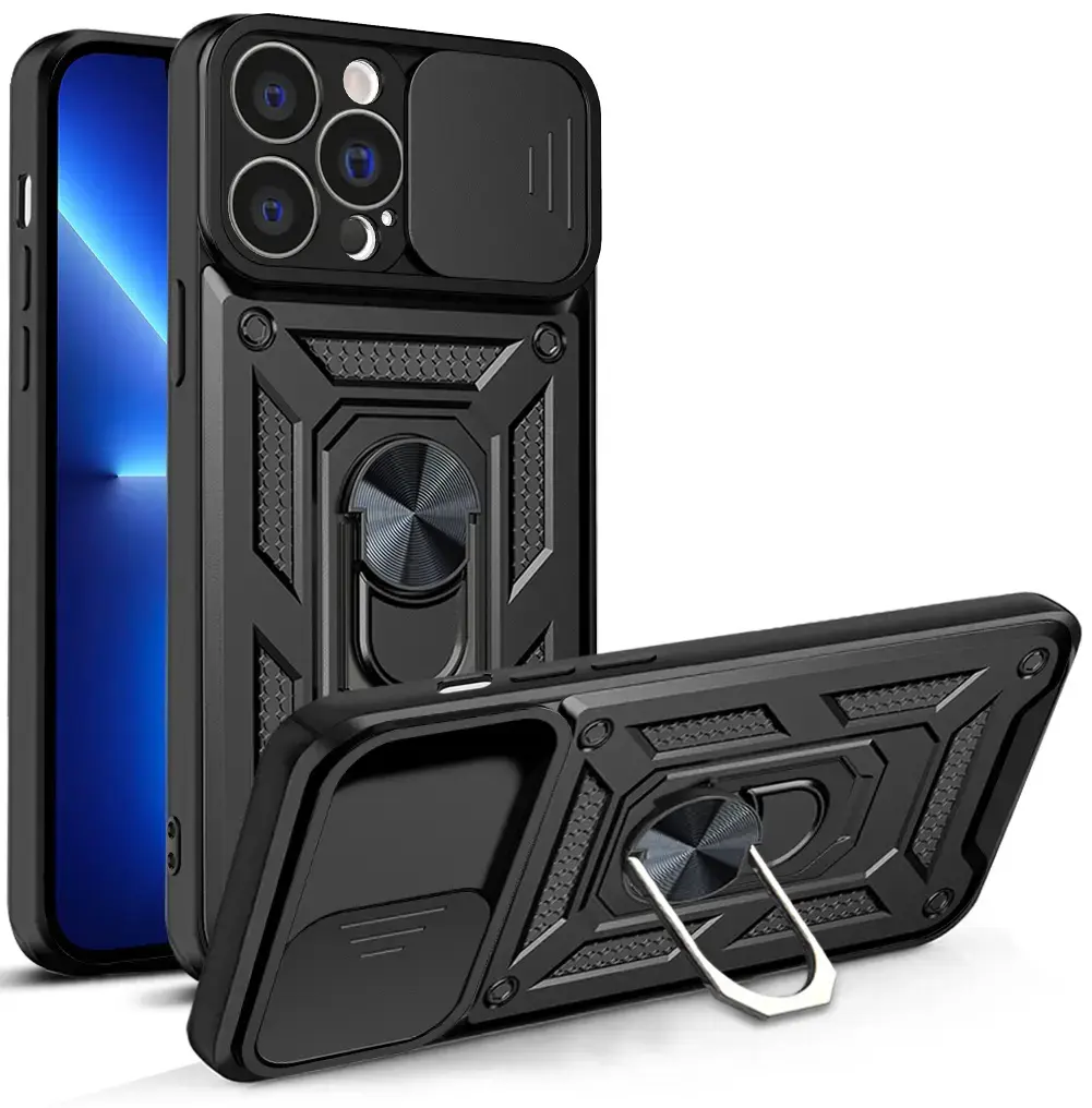 Defender Slide maciņš ar statīvu telefonam iPhone 13 Pro Max melns (ar kameras aizsargu)