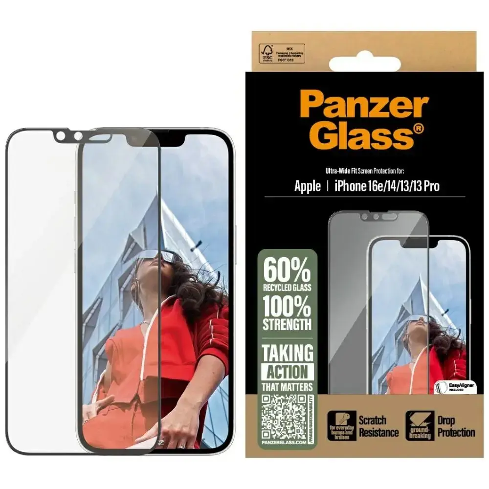 PanzerGlass Ultra-Wide Fit ekrāna aizsargstikls priekš iPhone 16e, 14, 13, 13 Pro
