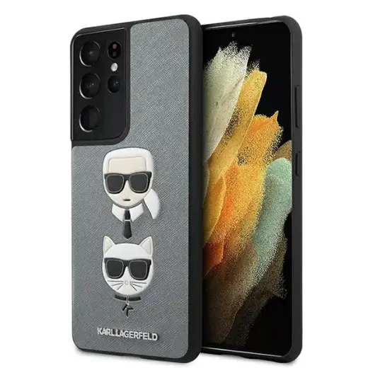 KLHCS21LSAKICKCSL Karl Lagerfeld Saffiano K&C Heads Cover for Samsung Galaxy S21 Ultra Silver
