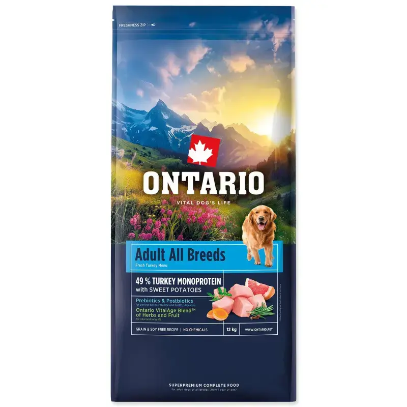 Barība suņiem – Ontario Adult All Breeds, Monoprotein, Turkey and Sweet Potatoes, 12 kg