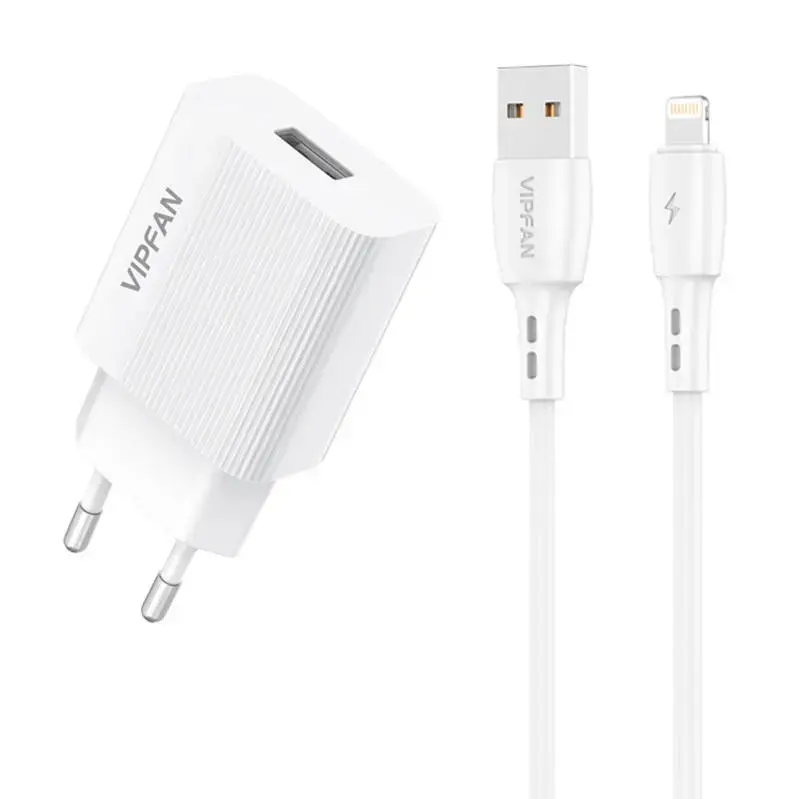 Network charger Vipfan E01, 1x USB, 2.4A + Lightning cable (white)