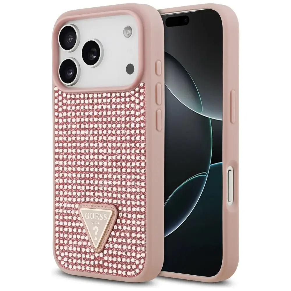 Case Guess Rhinestone Triangle Logo for iPhone 17 Pro pink