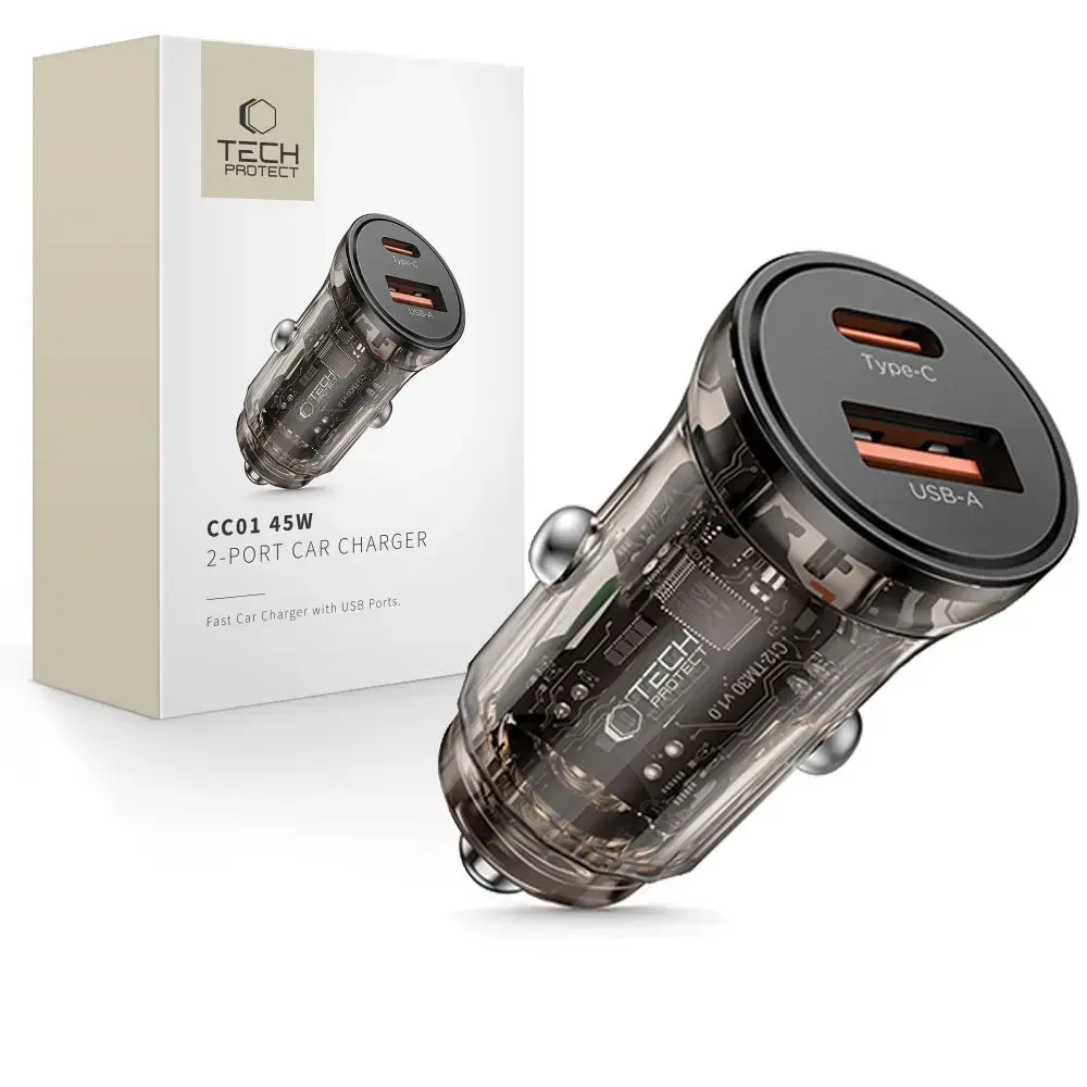 Tech-Protect CC01 auto lādētājs | 45W | PD, QC | USB-A, USB-C | melns