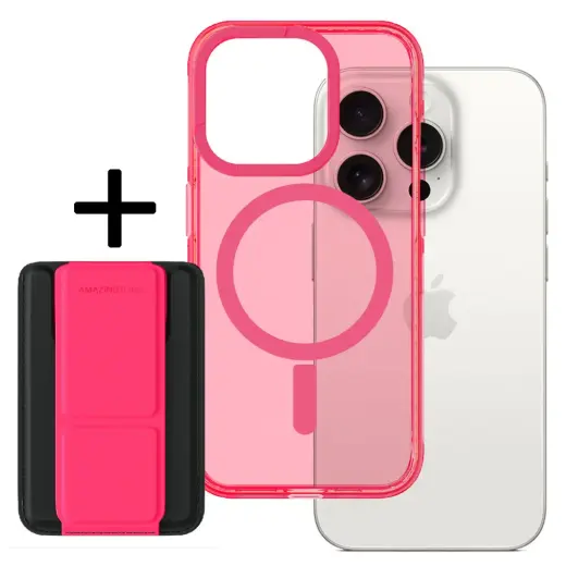 Amazing Thing Titan Pro Neon Mag raamatutüüpi telefoni ümbris alusega ja MagSafe toega iPhone 15 Pro Max roosa