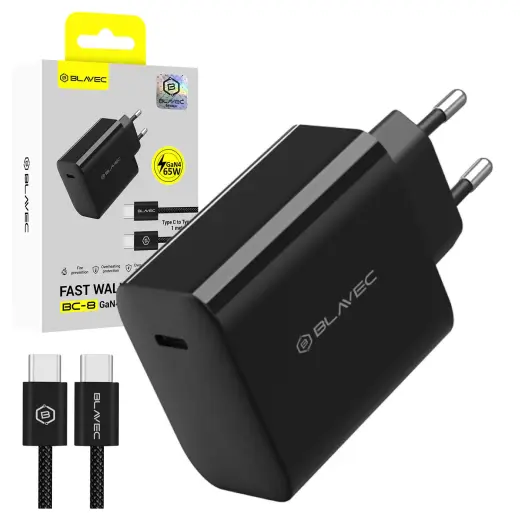 Blavec BC-8 tīkla lādētājs | 65W | PD, QC, GaN | USB-C | ar USB-C uz USB-C vadu komplektā | melns