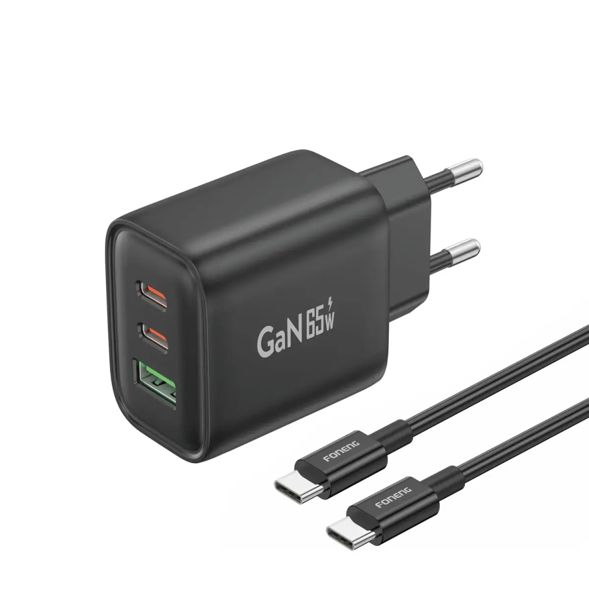 Foneng GaN10-EU travel charger | GaN, PD, QC | USB-C, USB-A | with Type C to Type C cable | black | with USB-C cable included