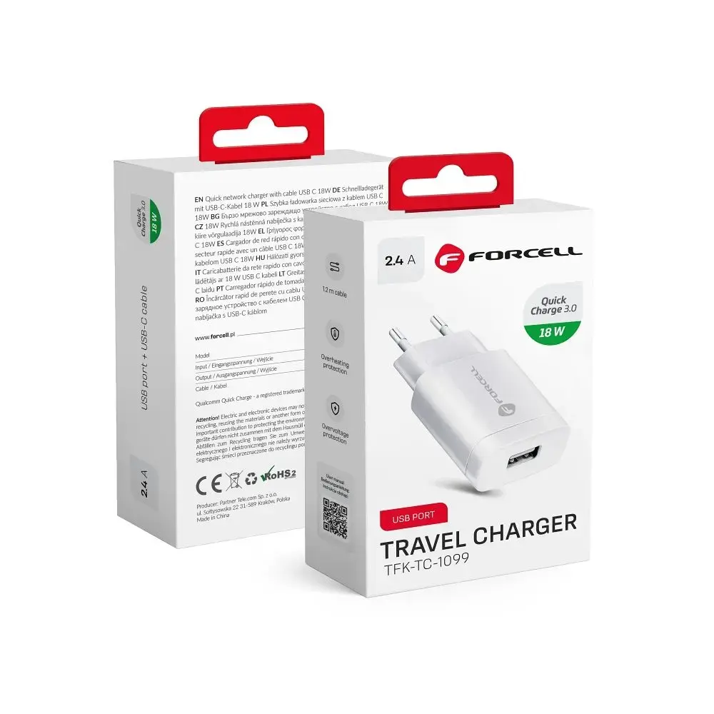 Forcell F-Energy TFK-TC-1099 tīkla lādētājs | 18W | QC | USB-A | balts