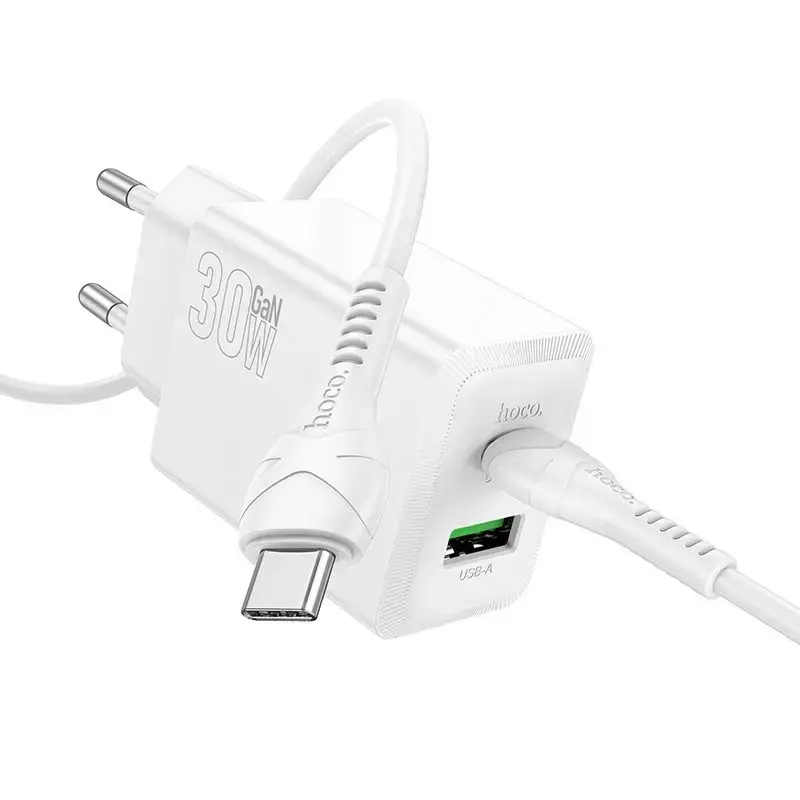 HOCO N71 travel charger | 30W | PD, QC | USB-A, USB-C | with USB-C to USB-C cable included | white