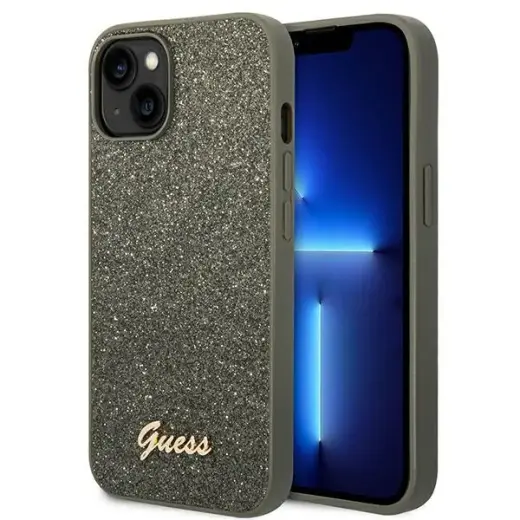 Guess Glitter Flakes Metal Logo Case iPhone 14 Plus zielony