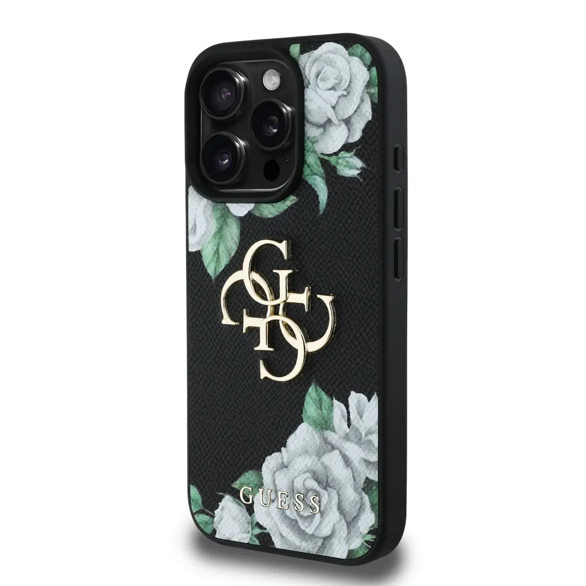 Guess PU Grained Roses 4G Metal Logo telefona maciņš priekš iPhone 16 Pro Melns