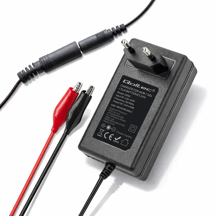 Qoltec 52662 automātiskais lādētājs AGM GEL STD akumulatoriem | 24 V lādētājs | 19,2 W | 5,5x2,1 | 1,8 m kabelis