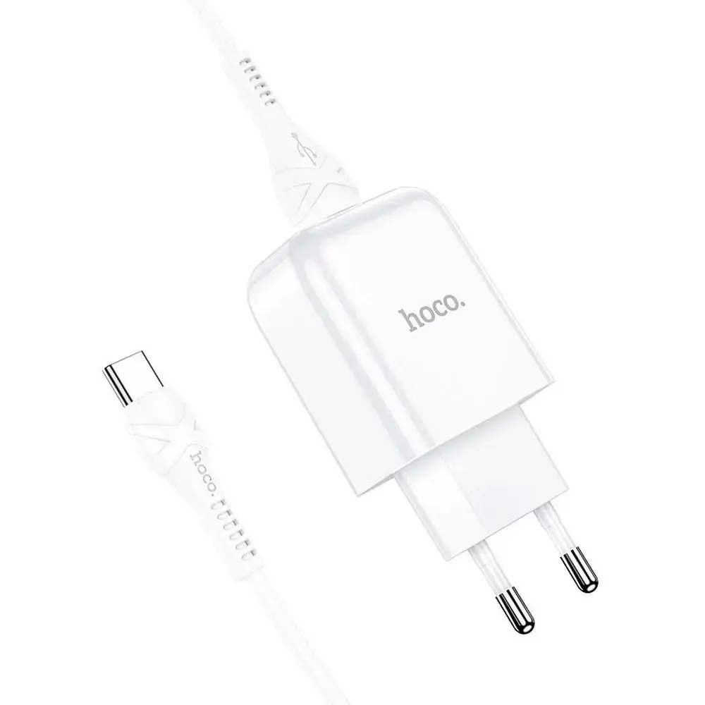 HOCO N2 tīkla lādētājs | 10W | USB-A | ar USB-A uz USB-C vadu komplektā | balts