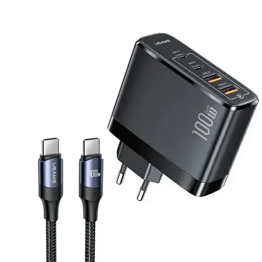USAMS Ład. siec. 2xUSB-C+2xUSB T44 100W PD3.0 +QC3.0 Fast Charging + kabel U71 USB-C na USB-C czarny|black UCTZ01