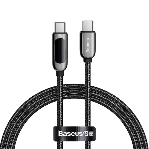Baseus CATSK-B01 datu pārraides un uzlādes vads | USB-C uz USB-C | 100W | ar LED ekrānu | 1m | melns