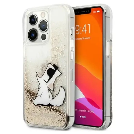 KLHCP13LGCFD Karl Lagerfeld Liquid Glitter Choupette Eat Case for iPhone 13 Pro Gold
