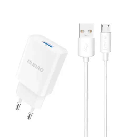 Dudao A4EU kelioninis įkroviklis | 10.5W | USB-A | su USB-A į Micro USB laidu komplekte | baltas