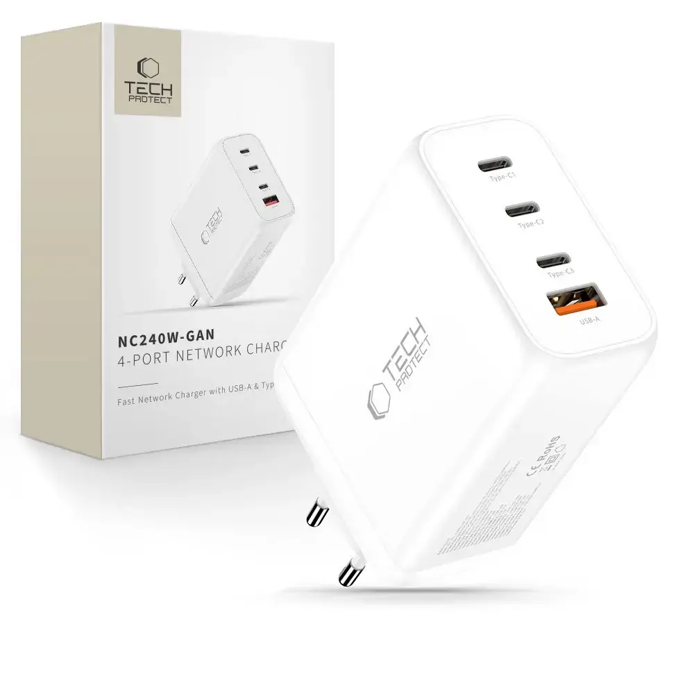 Tech-Protect NC240W-GaN tīkla lādētājs | 240W | PD, QC, GaN | USB-C, USB-A | balts