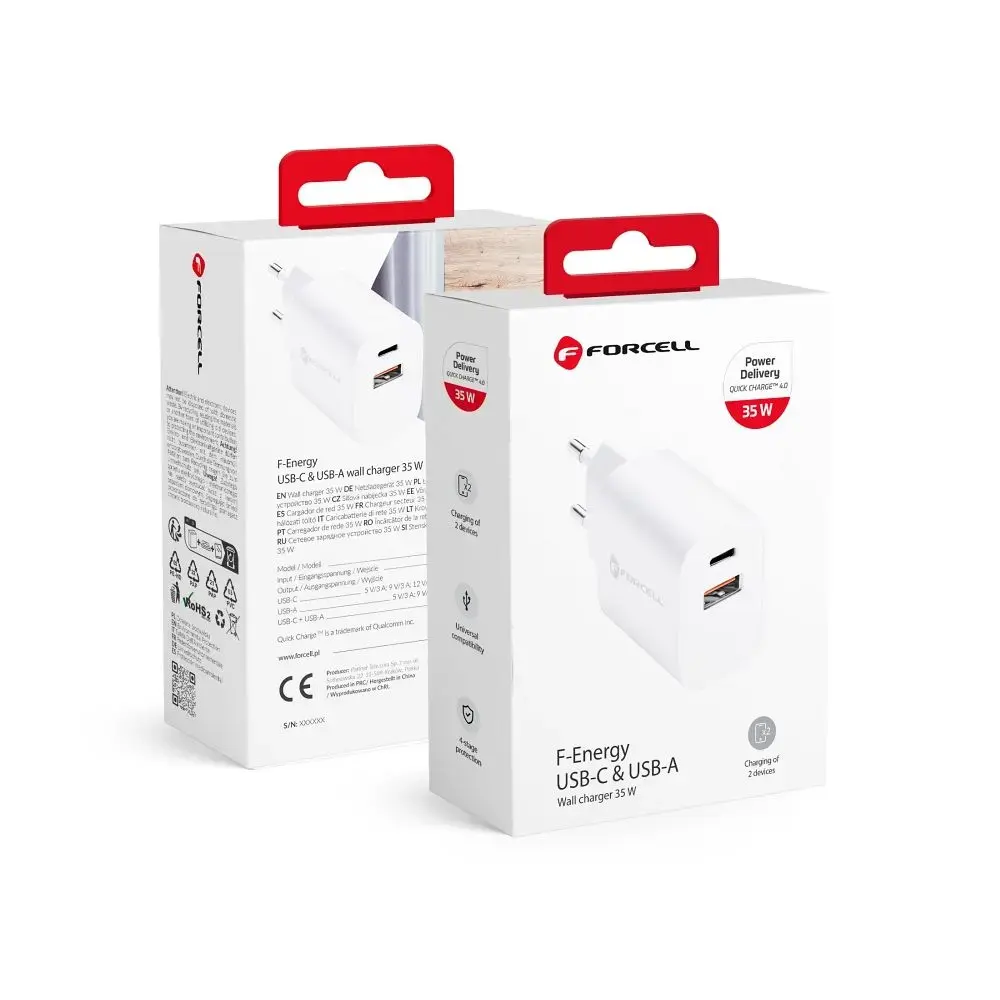 Forcell F-Energy TFK-TC-35WPD tīkla lādētājs | 35W | PD, QC | USB-C, USB-A | balts