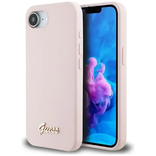 Case Guess Silicone Script Metal Logo    MagSafe for iPhone 16e pink