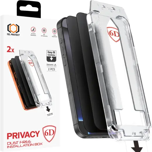 Tel Protect Dust-Free Easy Fit Privacy Full Glue 6D Tempered Glass for Iphone 15 Pro black - 2 pieces
