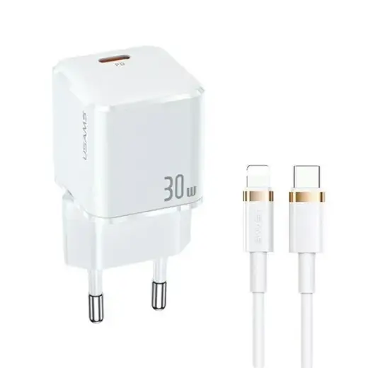 USAMS UXTZH02 tīkla lādētājs | 30W | PD3.0 | USB-C | USB-C uz Lightning vads komplektā | balts