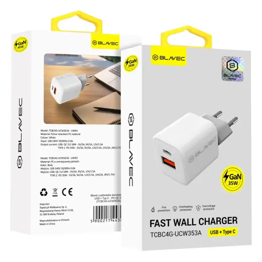 Blavec BC4 travel charger | 35W | GaN | USB-A, USB-C | white