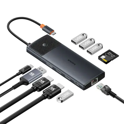 USB HUB 11in1 Baseus Metal Gleam Series II USB-A|USB-C PD|HDMI|DP|RJ45|SD|TF - black