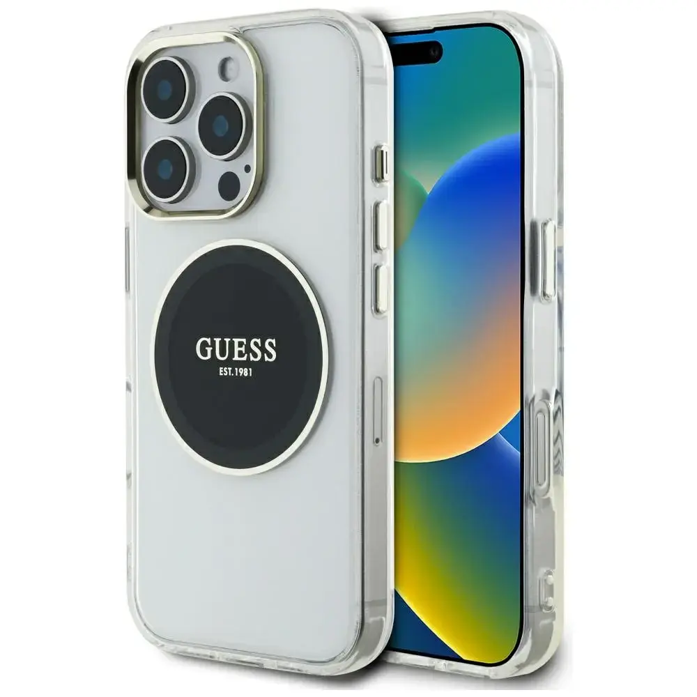 Guess IML metāla krāsains aplis klasiskā logo MagSafe telefona maciņš iPhone 16 Pro Max melns