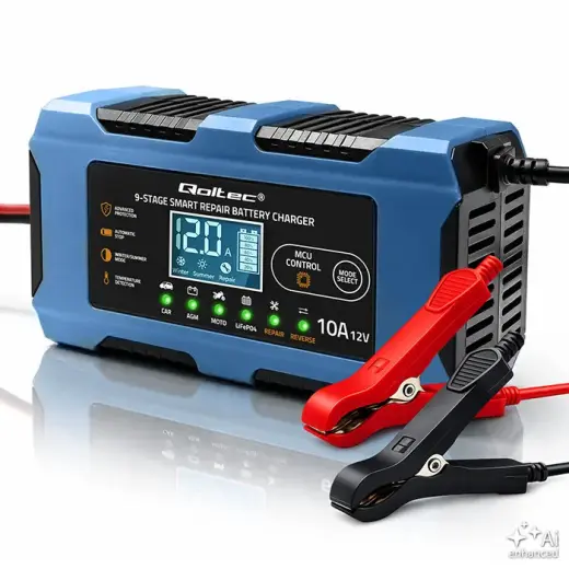 Qoltec Smart Battery Charger 12V 10A | Rectifier with repair function | MCU | Auto OFF | 9-stage charging | AGM, GEL, LiFePO4