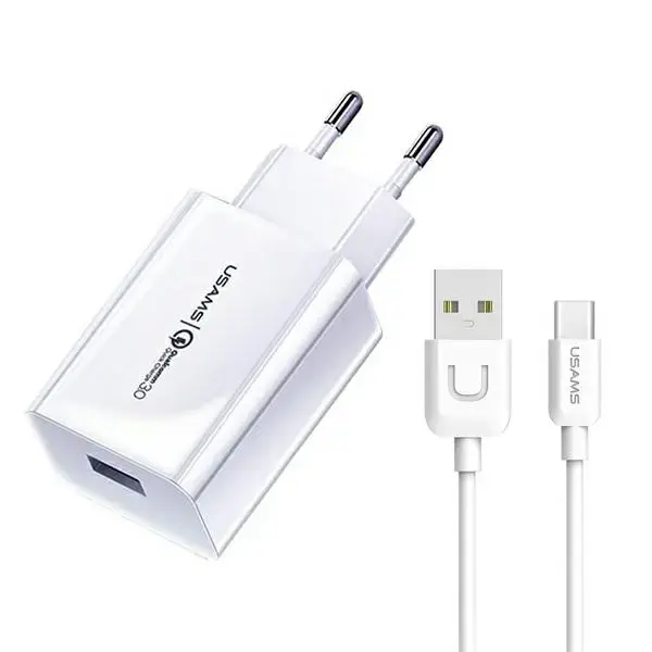 USAMS T22 tīkla lādētājs | 18W | QC | USB-A | ar USB-A uz USB-C vadu komplektā | balts