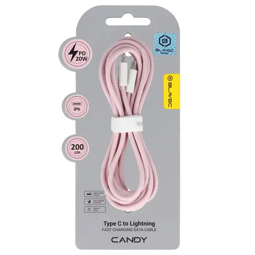 Blavec CCA-CL24P20 datu pārraides un uzlādes vads | USB-C uz Lightning | PD | 20W | 2m | rozā