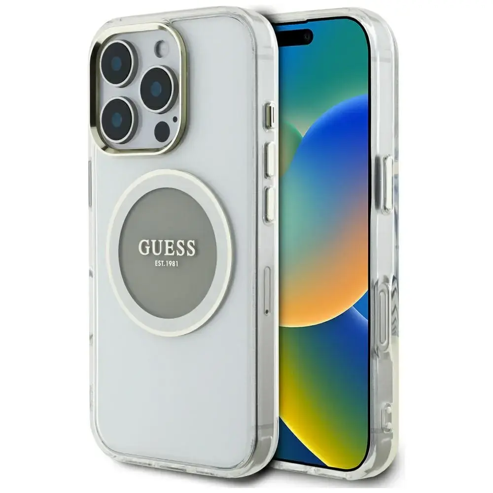 Guess IML Metāla Krāsains Aplis Klasiskais Logo MagSafe Telefona Maciņš iPhone 16 Pro pelēks