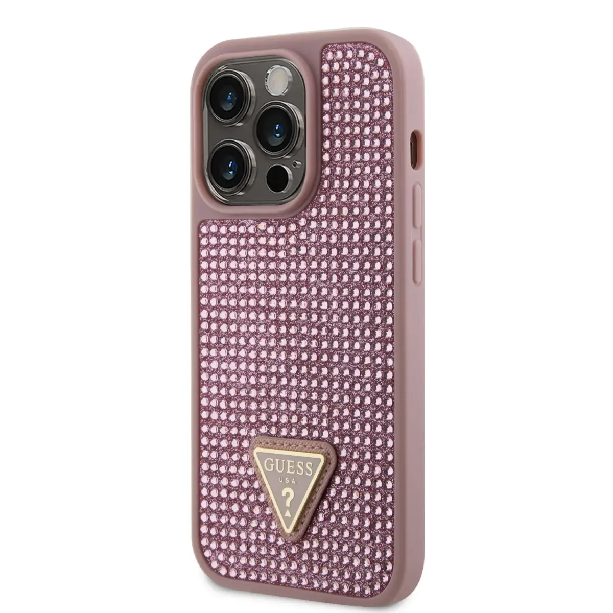 Guess Rhinestones Triangle Metal Logo Case for iPhone 15 Pro Pink